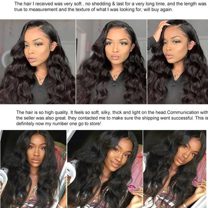 Natural Black Body Wave Remy Human Hair Wigs Lace Front Wig Pre Plucked Hairline 180% Density HD Transparent Lace Frontal Wig